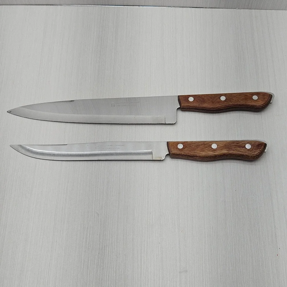 Precision Hollow Ground Stainless Steel Kitchen Knife Set Wood Handle Vintage